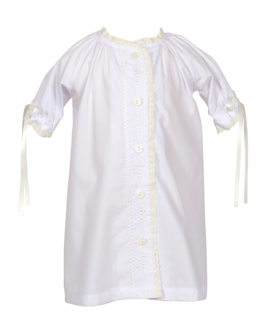 White Daygown with lace trim on a white background