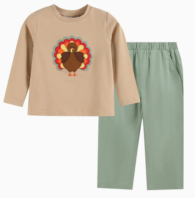 Light Brown Turkey Shirt & Sage Green Pants Set