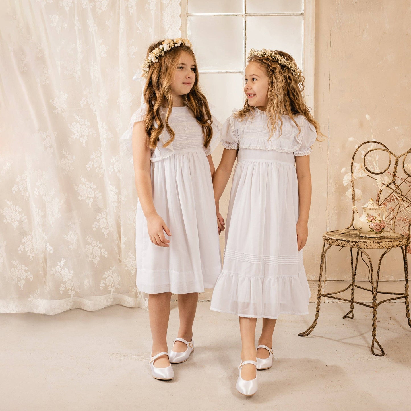 White Voile & Lace Tea Length Wedding Dress