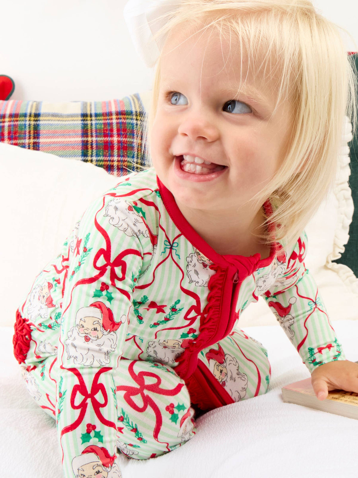 SoftSnooze™ Baby Girls Bamboo Viscose Dear Santa Green Stripe Christmas Footed Ruffle One Piece Pajama