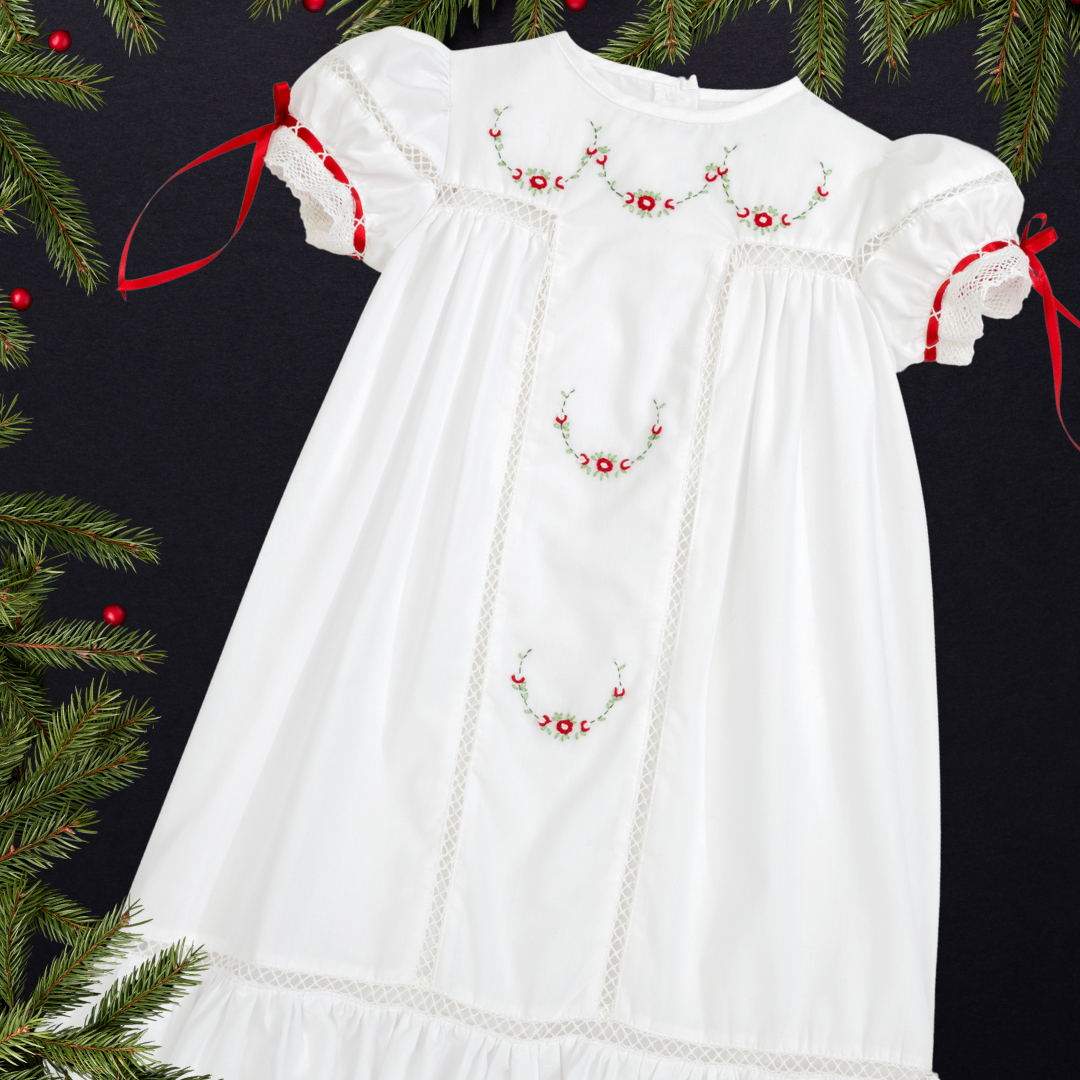 Gilded Noel Holiday Christmas Hand Embroidered White Heirloom Portrait Dress