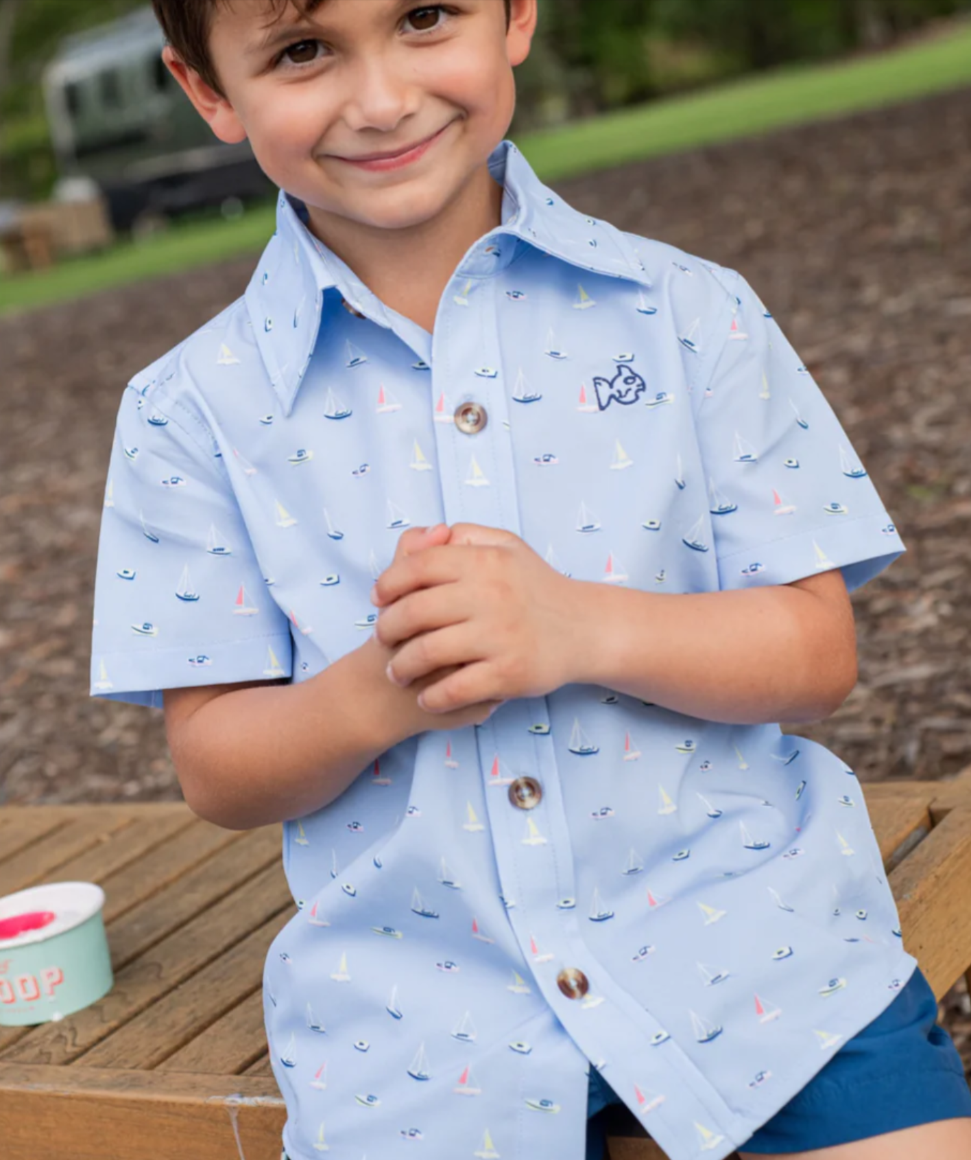 Boys' Short Sleeve Button Down Shirt — Windsurfer Boats in the Bay Print