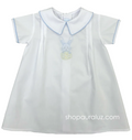 White Boy Daygown with blue check trim and embroidered bunny