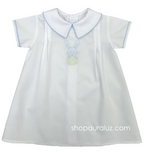White Boy Daygown with blue check trim and embroidered bunny