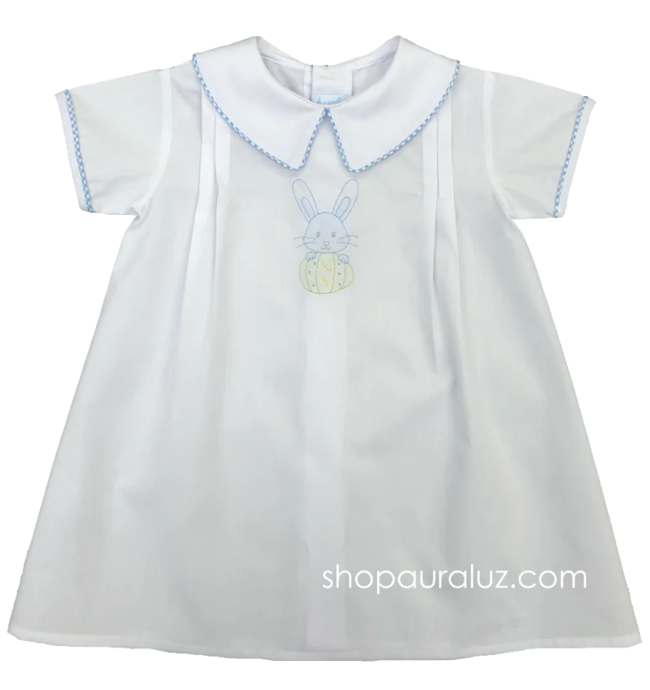 White Boy Daygown with blue check trim and embroidered bunny