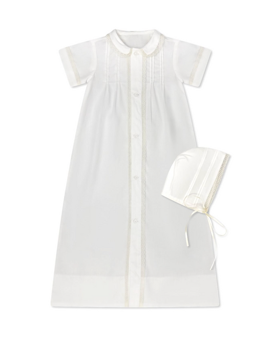 Boy Graham Daygown w/Ecru lace and tucks down front & cap