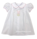 White Girl Daygown with pink check trim and embroidered bunny