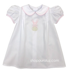 White Girl Daygown with pink check trim and embroidered bunny