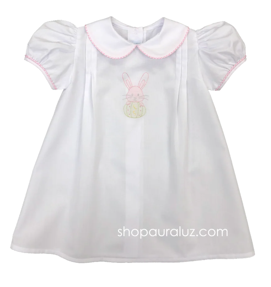 White Girl Daygown with pink check trim and embroidered bunny