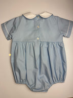 Boys Trucks Smocked on Lt. Blue poplin Bubble