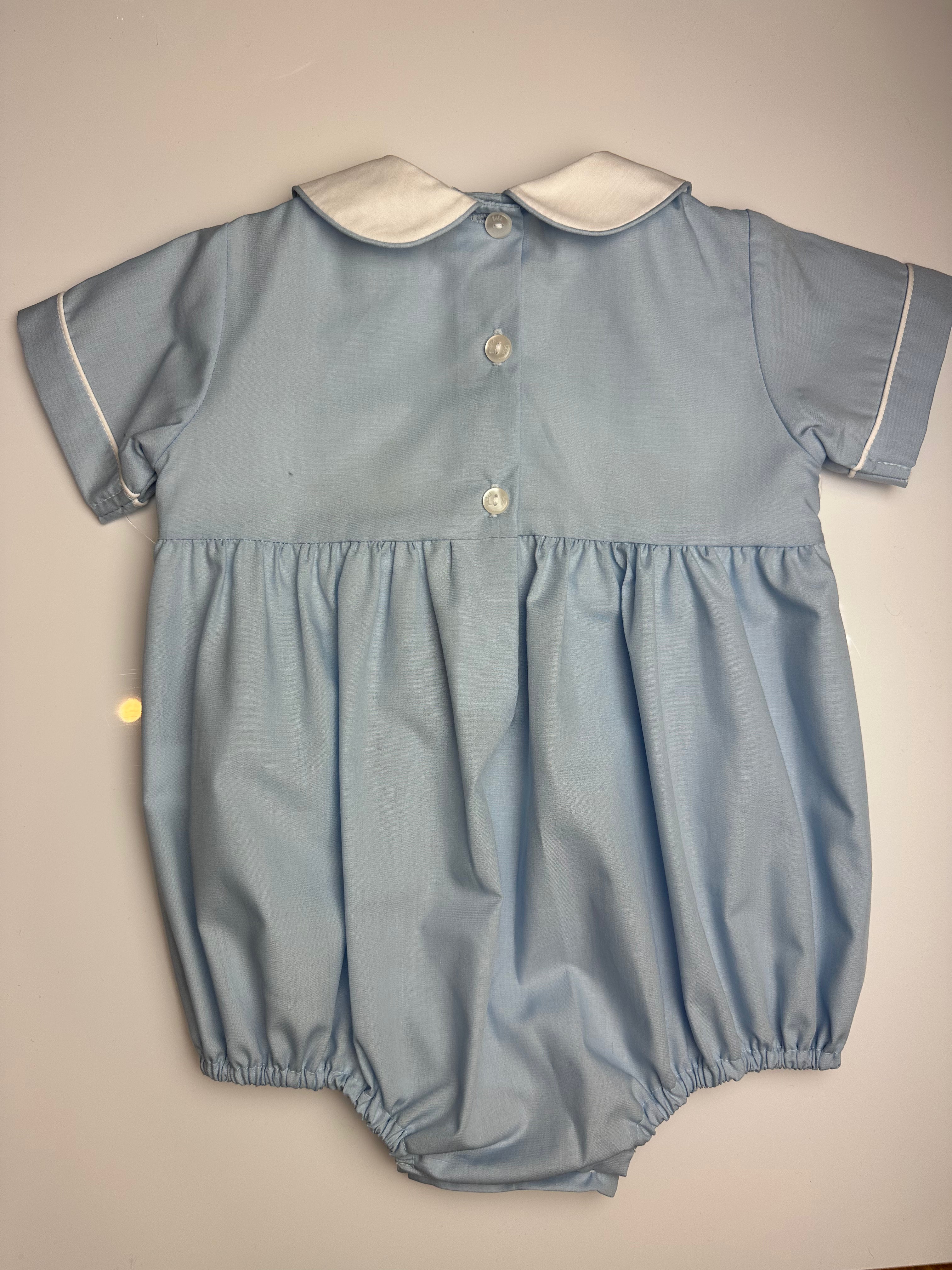 Boys Trucks Smocked on Lt. Blue poplin Bubble