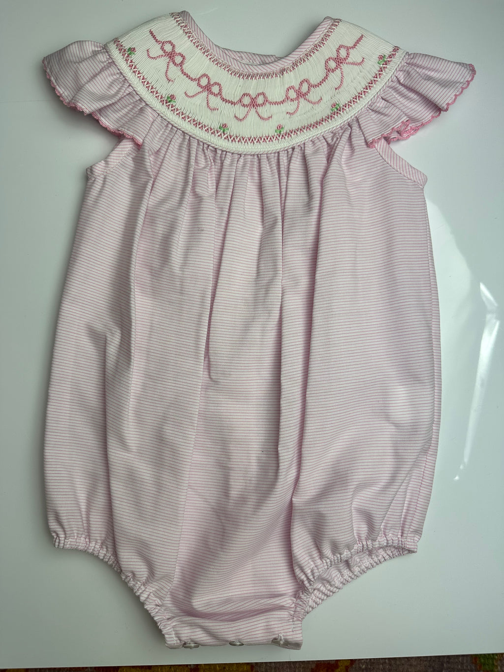 Pink Smocked Tiny Stripe Angel Wing Bishop Bubble