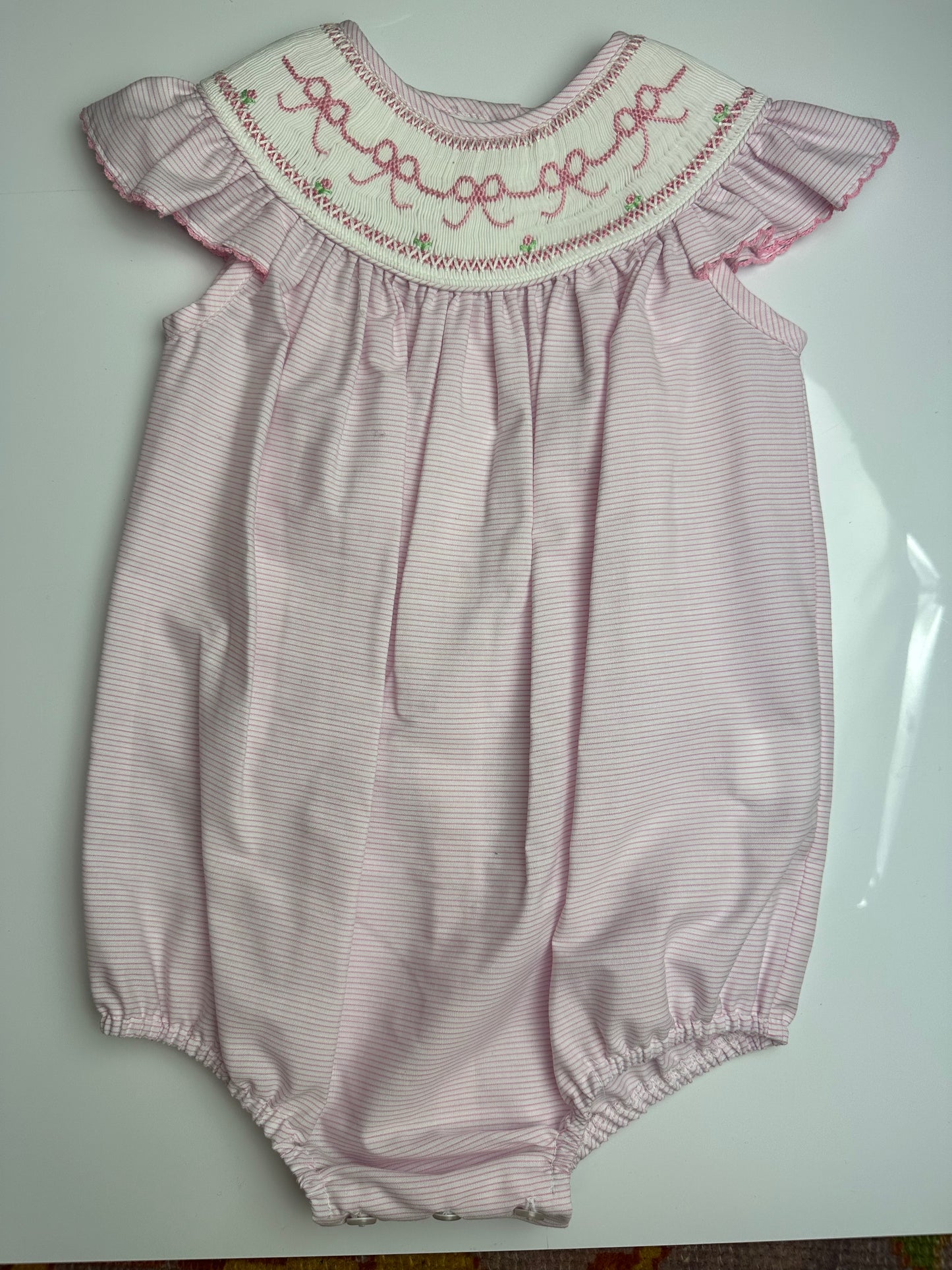 Pink Smocked Tiny Stripe Angel Wing Bishop Bubble