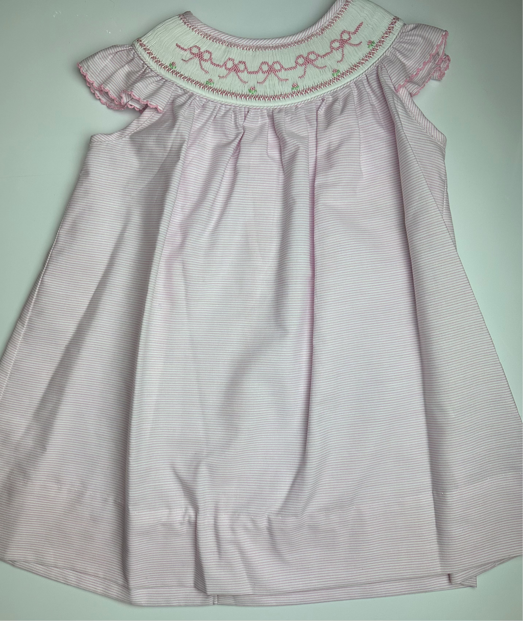 Pink Smocked Tiny Stripe Angel Wing Bishop Dress
