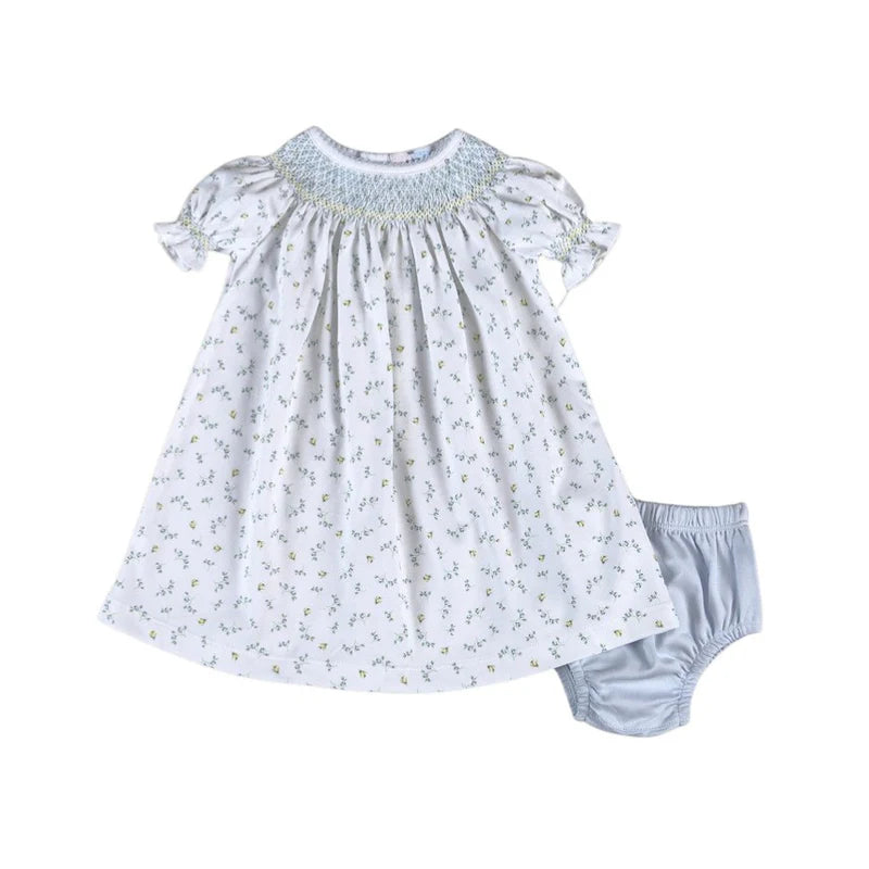 Mia Blue Floral Hand Smocked Bishop Dress