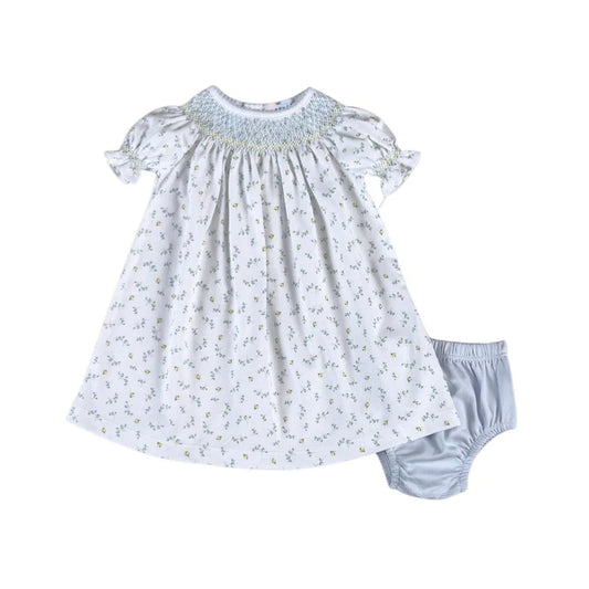 Mia Blue Floral Hand Smocked Bishop Dress