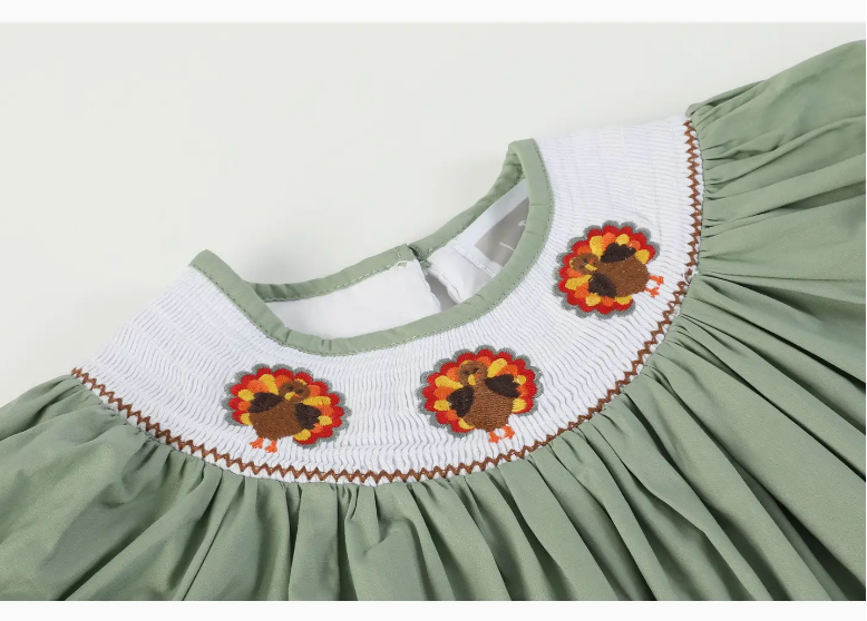 Sage Green Turkey Smocked Smocked Bishop Dress